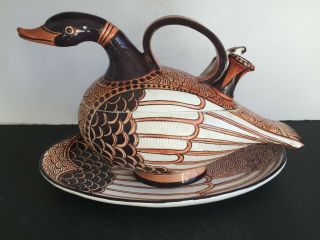 4pc Large Italian Art Pottery Duck Goose Tureen W Platter Ladle Candle Holder