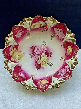 Rs Prussia 7 " D 3 - Legged Bowl Mold 98 Pink Yellow Roses Gold Stenciling Unmarked