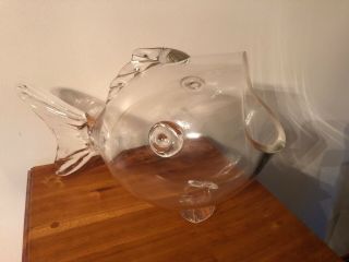Large Fish Hand Blown Thick Clear Glass Candy Dish Bowl 13” Canister