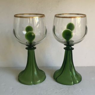 Pair Tadpole Art Nouveau Bohemian Art Glass Oversize Hock Wine Chalice Goblets