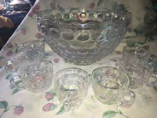 Vtg Federal Carnival Glass Colonial Iridescent Thumbprint Punchbowl & 7 Cups Mug
