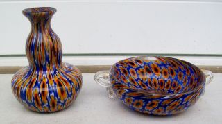 Set 2 Murano Italian Millefiori Signed Art Glass Vase & Wing - Handled Bowl