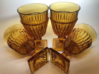 4 Vintage Mid Century Indiana Glass Mt Vernon Amber Footed Water Goblets 6 Inch