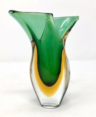 Murano Sommerso Vase Green,  Amber Cased Art Glass Mid - Century Hand Blown Italy