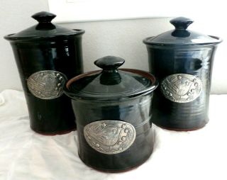Vintage Hand Crafted Pewter Bird/pottery 6 Pc Canister Set By Crosby,  Taylor