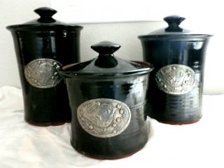 VINTAGE Hand Crafted PEWTER BIRD/Pottery 6 PC CANISTER SET by CROSBY,  TAYLOR 2