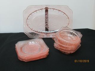 11 Pc Depression Glass Pink Platter 5 Sq.  Bowls & 5 Sq.  Plates Adam Pattern