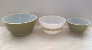 Vintage Pyrex 3 Piece Nesting Set Olive Green Bowls 401 402 403 Verde Square