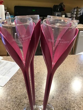 Moet & Chandon Tulip Champagne Flutes Glass (set Of 4) Pink Rose Etched Base