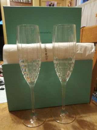 Tiffany & Co Champagne Flute Glasses - - Pair Crystal Flutes -