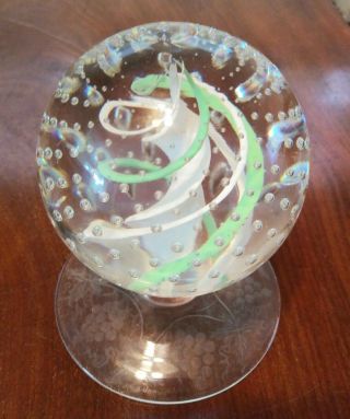 Hand - Blown Vintage Round Bubble Glass Paperweight With Grapevine Pattern On Base