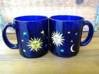 Set Of 2 - Libbey Cobalt Blue Celestial Moon & Stars Glass Coffee/tea Mugs