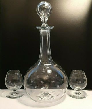 Victorian Star Etched Globe & Shaft Glass Decanter Pair Brandy Snifters
