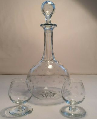 Victorian Star Etched Globe & Shaft Glass Decanter Pair Brandy Snifters 2