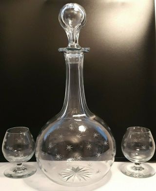 Victorian Star Etched Globe & Shaft Glass Decanter Pair Brandy Snifters 3