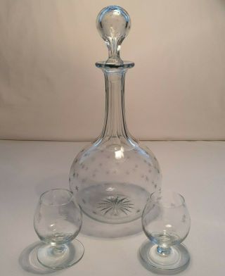 Victorian Star Etched Globe & Shaft Glass Decanter Pair Brandy Snifters 4
