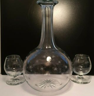 Victorian Star Etched Globe & Shaft Glass Decanter Pair Brandy Snifters 8