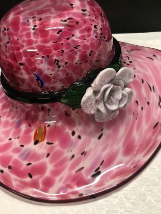 Block Crystal Hand Blown Art Glass Hat/Bowl With Flower 2
