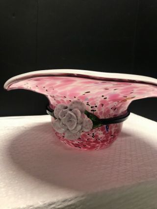 Block Crystal Hand Blown Art Glass Hat/Bowl With Flower 7