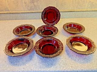 Set Of 7 Avon Ruby Red 1876 Cape Cod Rimmed Soup Bowls Glass Rim Salad Cereal