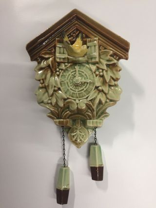 Vintage Mccoy Pottery Cuckoo Clock Wall Planter Brown And Green With Yellow Bird