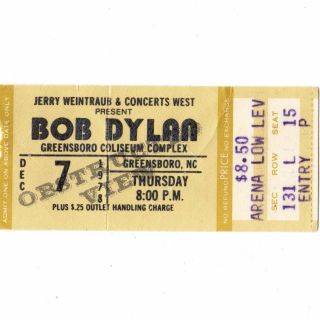 Bob Dylan Concert Ticket Stub Greensboro Nc 12/7/78 Shelter From The Storm Rare