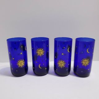 Libbey Glass Set 4 Cobalt Blue Celestial Sun Moon Stars Tumblers 5 7/8” 16 Oz.