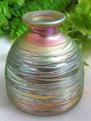 Signed Artist Proof Correia Art Glass Mini Vase Iridescent Gold W/ Threading