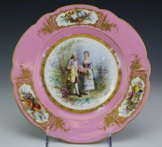Antique Sevres French Porcelain Hp Figures In Garden Pink Border 9 " Plate Nr Sms