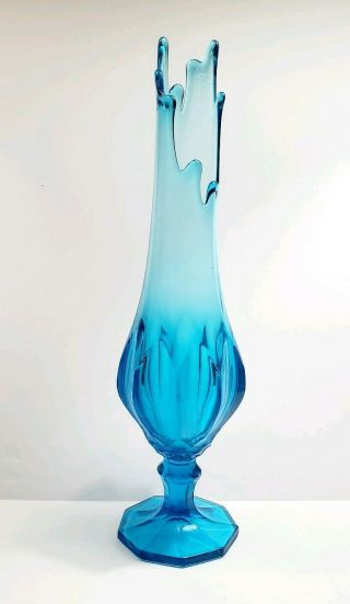 Vintage Mid Century Modern Peacock Blue Swung Stretch Glass Vase Viking 19 "