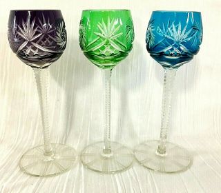 Set Of 3 Vintage Bohemian Czech Cordial Glass Goblets 3 Assorted Colors