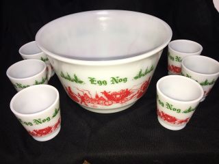 Vintage Hazel Atlas Egg Nog Christmas Punch Bowl 6 Cups Set Holiday Carriage