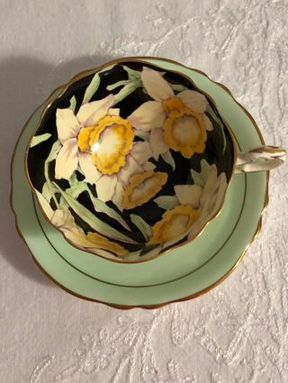 Green Paragon Cup and Saucer Double Warrant Daffodils on Black 2