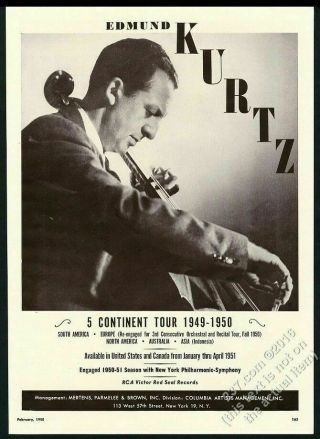 1950 Edmund Kurtz Photo Cello Recital Tour Booking Trade Print Ad