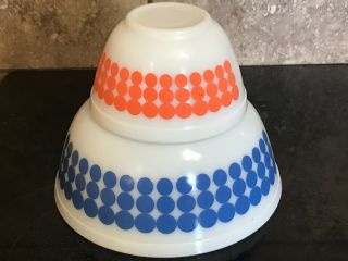 2 Pc Set Vintage Pyrex Polka Dot Mixing Bowls Blue & Orange 407 & 403