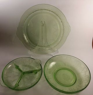 Anchor Hocking Cameo Dancing Girl Green Vaseline Glass Bowl,  Cake Plate & Relish