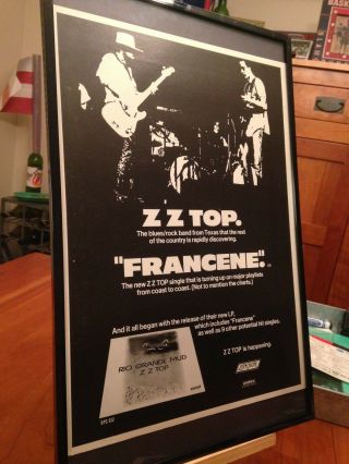 Big 11x17 Framed Zz Top " Rio Grande Mud " Lp Album Cd & " Francene " 45 Promo Ad