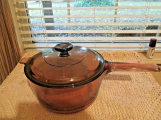 Corning Ware Vision Amber Glass 2.  5l Tab Handle Sauce Pan Pot With Pyrex Lid Usa