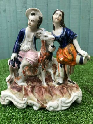 Mid 19thc Staffordshire Male & Female Figurine With Horned Goat,  C1860s
