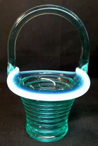 Fenton Art Glass Robin Egg Blue Opalescent Rings Mini Basket 2011