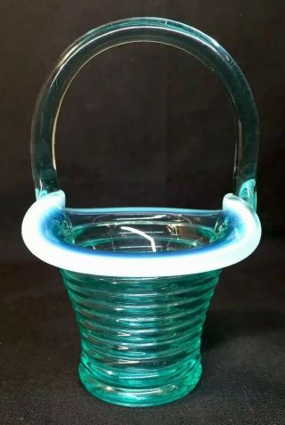 Fenton Art Glass Robin Egg Blue Opalescent Rings Mini Basket 2011 4