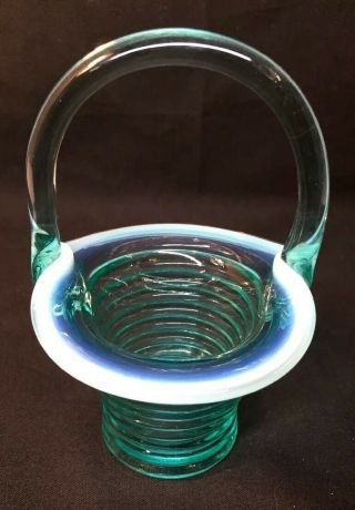 Fenton Art Glass Robin Egg Blue Opalescent Rings Mini Basket 2011 6