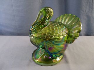 L.  E.  Smith Green Carnival Glass Turkey Covered Candy Cranberry Nut Dish