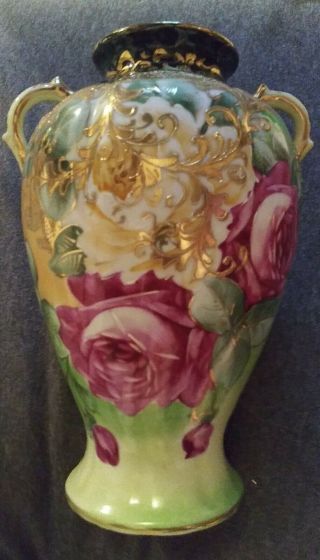Lg Gold Nippon Antique Roses Vase Hp 8 1/2 " H Victorian White Porcelain