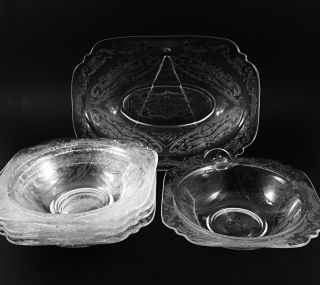 Federal Glass Madrid Clear Depression Glass 7 " Bowls & 10 " Serving Bowl Set Of 6