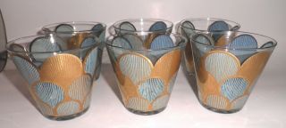 Six (6) Vintage Mid Century Modern Gold Turquoise Cocktail Drinking Glasses
