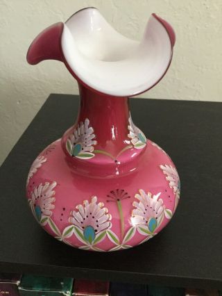 Fenton Connoisseur Alhambra Wild Rose Overlay Pink Vase Signed 1998