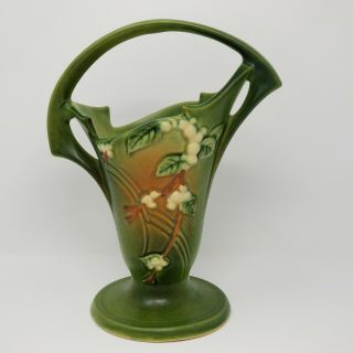 Roseville Pottery Vase 1bk - 10 Green Snowberry Basket Vase Made In Usa