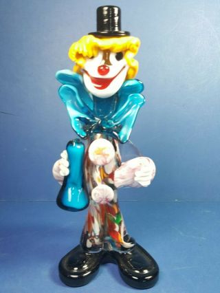 Retro Vintage Murano Glass Clown Figure Holding A Bottle 9 Inches Tall