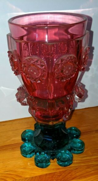 Vintage L.  G.  Wright Pink & Green Glass Goblet Embossed Pressed Glass 6 1/4 
